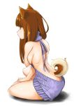  1girl animal_ears ass backless_outfit bangs bare_back bare_shoulders breasts brown_eyes brown_hair butt_crack dog_ears dog_girl dog_tail drawstring dress from_side full_body halterneck long_hair looking_to_the_side marubonman medium_breasts meme_attire naked_sweater open-back_dress original profile ribbed_sweater shadow sideboob simple_background sitting solo sweater sweater_dress tail turtleneck turtleneck_sweater virgin_killer_sweater white_background yokozuwari 