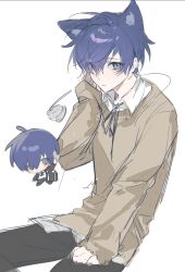  1boy animal_ear_fluff animal_ears bag black_bag black_pants black_ribbon blue_eyes blue_hair brown_sweater cat_ears chibi chinese_commentary chunjinran000 closed_mouth collared_shirt commentary_request expressionless gekkoukan_high_school_uniform hair_over_one_eye hand_on_own_ear hand_on_own_thigh invisible_chair jacket kemonomimi_mode long_sleeves male_focus multiple_views neck_ribbon open_clothes open_jacket pants persona persona_3 ribbon school_bag school_uniform shirt simple_background sitting sketch sweater untucked_shirt white_background white_shirt yuuki_makoto_(persona_3) 