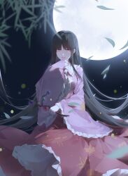  1girl absurdres black_hair blunt_bangs branch commentary falling_leaves frilled_sailor_collar frilled_sleeves frills highres holding holding_branch houraisan_kaguya jeweled_branch_of_hourai jubctybn leaf light_smile long_hair long_sleeves looking_at_viewer moon night night_sky outdoors pink_shirt red_skirt sailor_collar shirt skirt sky solo straight_hair thigh_peek touhou very_long_hair white_sailor_collar wide_sleeves 