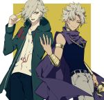  2boys cape cosplay dangan_ronpa dark_skin edmond_dantes_(fate/grand_order) fang grey_eyes hair_over_one_eye highres hood jewelry komaeda_nagito komaeda_nagito_(cosplay) kotomine_shirou looking_at_another looking_at_viewer male_focus multiple_boys ponytail shirt short_hair simple_background smile super_dangan_ronpa_2 syubare yami_bakura yellow_eyes yu-gi-oh! 