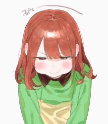  1girl :i :t absurdres blush brown_hair chara_(undertale) collared_shirt genderswap green_sweater heart_soma highres long_sleeves looking_down pout puffy_cheeks shirt striped_clothes striped_sweater sweater tagme translation_request undertale utdr_(toby_fox) 