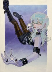  1girl absurdres bare_shoulders belt_boots black_boots black_choker black_nails black_pantyhose black_skirt black_tube_top blue_eyes blue_hair boots border bracelet breasts bright_pupils choker commentary_request earclip earrings eyelashes eyeshadow full_body gradient_background gradient_hair hair_between_eyes highres jewelry knee_boots long_hair looking_at_viewer lui_n24 makeup middle_finger multicolored_hair multiple_rings original outside_border painting_(medium) pantyhose parted_lips pointing pointing_at_viewer purple_background purple_hair red_lips ring skirt small_breasts solo sparkle star_(symbol) star_earrings strapless studded_bracelet studded_choker thigh_strap traditional_media tube_top white_border white_pupils 