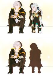  1boy 1girl absurdres aqua_dress aqua_thighhighs black_hairband black_jacket black_pants blue_ribbon blush caelus_(honkai:_star_rail) collar collared_shirt dress firefly_(honkai:_star_rail) grey_hair hair_between_eyes hair_intakes hair_ornament hair_ribbon hairband highres honkai:_star_rail honkai_(series) jacket long_hair open_clothes open_jacket open_mouth pants ribbon shirt smile thevarnese thigh-highs trailblazer_(honkai:_star_rail) white_collar white_shirt 