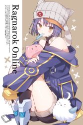  1girl :3 absurdres armored_boots ayamisiro beanie bird black_shirt black_shorts black_socks blue_hair blue_jacket blush boots brown_background closed_mouth commentary_request copyright_name copyright_notice feet_out_of_frame food food_in_mouth grey_hat hat highres iwin_(ragnarok_online) jacket long_sleeves looking_at_viewer meister_(ragnarok_online) popsicle popsicle_in_mouth poring ragnarok_online shirt short_hair short_shorts shorts sitting sleeveless sleeveless_shirt slime_(creature) smile socks solo yellow_eyes 