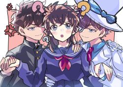  1girl 2boys ? anger_vein arm_around_shoulder arm_around_waist black_jacket blue_eyes blue_sailor_collar blue_serafuku blue_shirt blush breasts brown_hair closed_mouth collared_shirt crossed_bangs dual_persona furrowed_brow gakuran gloves gold_buttons hair_between_eyes hand_on_another's_shoulder hand_on_another's_waist hat highres holding_hands jacket kuroba_kaito long_hair magic_kaito medium_breasts messy_hair monocle multiple_boys nakamori_aoko neckerchief necktie parted_lips pink_background red_neckerchief red_necktie sailor_collar school_uniform serafuku shirt short_hair smile suit_jacket tomoe00022 top_hat upper_body white_gloves white_hat white_jacket 