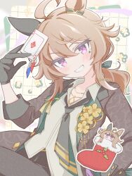  ace_(playing_card) ace_of_diamonds animal_ears anzen_robo_(474zz) black_gloves black_necktie blush brown_hair card christmas_stocking collared_shirt diamond_(shape) ear_covers facial_mark gloves hair_between_eyes holding holding_card horse_ears horse_girl jacket jewelry long_hair long_sleeves looking_at_viewer mistletoe nakayama_festa_(festival_game)_(umamusume) nakayama_festa_(umamusume) necklace necktie open_clothes open_jacket open_mouth pants playing_card shirt single_ear_cover single_glove smile star_(symbol) star_facial_mark umamusume violet_eyes 