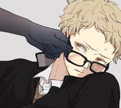  1boy 1other black-framed_eyewear black_jacket blonde_hair collared_jacket collared_shirt commentary gakuran glasses grey_background haikyuu!! highres jacket looking_to_the_side male_focus mmkkyyy nervous_sweating popped_collar sanpaku school_uniform shirt solo_focus sweat sweater tsukishima_kei white_shirt yellow_eyes 