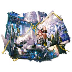  1boy arknights arm_behind_head arm_belt armband armpits beard belt black_belt black_boots black_gloves black_tank_top boots building chain chain_necklace closed_mouth cow_boy cow_horns cow_tail dog_tags english_text facial_hair fingerless_gloves from_below full_body gloves graffiti highres holding holding_scythe horns huge_weapon humus_(arknights) humus_(blazing_street_view)_(arknights) jewelry leg_up looking_up muscular muscular_male necklace official_alternate_costume official_art outdoors overpass pants pocket pouch red_hair road_sign scorpion5050 scythe short_hair sign sitting skull_print skyscraper smile solo spray_can spray_paint stairs tail tank_top third-party_source traffic_light transparent_background weapon white_horns white_pants 