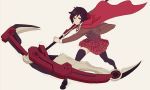  cape crescent_rose grey_eyes looking_at_viewer red_cape redhead ruby_rose rwby school_uniform scythe skirt takenisketch thigh-highs 