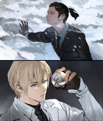  2boys absurdres ball before_crisis:_final_fantasy_vii bindi black_gloves black_hair black_jacket black_necktie black_suit black_sweater blonde_hair blue_eyes brown_eyes closed_mouth collared_shirt earrings final_fantasy final_fantasy_vii fingerless_gloves gloves hair_between_eyes hair_tie highres holding holding_ball jacket jewelry male_focus medium_hair multiple_boys necktie ponytail rufus_shinra shirt short_hair short_ponytail shou_rou snow snow_globe suit suit_jacket sweater tseng turtleneck turtleneck_sweater upper_body white_jacket white_shirt 
