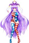  1girl absurdly_long_hair absurdres american_flag_dress american_flag_legwear animal_ears blush breast_suppress breasts clownpiece clownpiece_(cosplay) cosplay covering covering_breasts covering_crotch dress dress_tug embarrassed hat highres jester_cap kou_(inaba) large_breasts lavender_hair long_hair microdress neck_ruff rabbit_ears red_eyes reisen_udongein_inaba sidelocks solo tears thigh-highs touhou very_long_hair 