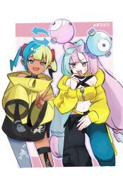  2girls aqua_hair baggy_pants bandeau black_mask blonde_hair blue_hair blush_stickers bow-shaped_hair breasts canari_(pokemon) canari_(pokemon)_(cosplay) center-flap_bangs character_hair_ornament cosplay costume_switch criss-cross_halter criss-cross_straps dark-skinned_female dark_skin fake_hair_bun grey_pantyhose hair_ornament half-closed_eyes halter_shirt halterneck hexagon_print highres iono_(pokemon) iono_(pokemon)_(cosplay) jacket long_hair long_sleeves mask mask_pull medium_breasts mega_stone mouth_mask multicolored_hair multiple_girls open_mouth oversized_clothes pants pantyhose pink_hair piyo_(toripoke710) pokemon pokemon_legends:_z-a pokemon_sv sharp_teeth short_twintails single_leg_pantyhose sleeves_past_fingers sleeves_past_wrists smile solo split-color_hair sweatdrop teeth trait_connection twintails two-tone_mask two-tone_pants x_(symbol) yellow_bandeau yellow_jacket yellow_mask 