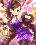  1girl alternate_costume artist_request bare_shoulders black_gloves breasts brown_hair cleavage dress earrings elbow_gloves etou_misaki_(idolmaster) feather_boa feather_hair gloves green_eyes idolmaster idolmaster_cinderella_girls jewelry long_hair looking_at_viewer official_art pantyhose purple_dress side_ponytail smile solo 