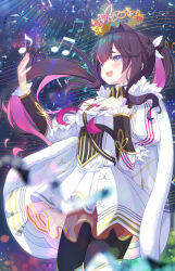  1girl absurdres azki_(hololive) azki_(prima_diva)_(hololive) black_pantyhose blurry blurry_foreground blush bokeh boots braid breasts brown_hair cape center-flap_bangs center_frills colored_inner_hair commentary_request corset cowboy_shot crown depth_of_field double-parted_bangs dress earpiece feather-trimmed_cape feather_trim floating_crown flying_ribbons frilled_sleeves frills fur-trimmed_cape fur_trim gold_trim hair_intakes half_up_braid hand_on_own_chest highres hololive juliet_sleeves long_hair long_sleeves looking_afar looking_ahead mille mole mole_under_eye multicolored_hair music musical_note official_alternate_costume official_alternate_hairstyle open_mouth outstretched_hand overskirt pantyhose pink_hair pink_skirt pink_streaks pleated_dress ponytail puffy_sleeves see-through_skirt_layer shirt short_dress sidelocks singing skirt skirt_under_dress small_breasts smile solo streaked_hair thigh_boots underbust very_long_hair violet_eyes virtual_youtuber white_boots white_cape white_dress white_overskirt white_shirt 