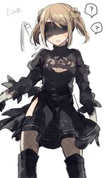  1girl ? alternate_costume black_dress black_gloves black_legwear blindfold boots brown_hair cosplay double_bun dress gloves hair_ornament kantai_collection michishio_(kantai_collection) nier_(series) nier_automata puffy_sleeves short_hair sketch solo spoken_question_mark tanuma_(tyny) thigh-highs yorha_no._2_type_b yorha_no._2_type_b_(cosplay) 