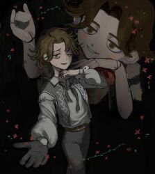  2boys absurdres asoresu_i belt black_gloves black_pants black_ribbon black_vest brown_belt brown_eyes brown_hair cowboy_shot cropped_vest doll_joints gloves grey_shirt grin hair_intakes highres identity_v joints looking_at_another looking_at_viewer louis_(identity_v) male_focus matthias_czernin multiple_boys neck_ribbon outstretched_hand pants ribbon shirt single_glove smile stitched_eye strangling sweat tearing_up vest 