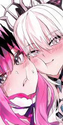  2girls baobhan_sith_(fate) baobhan_sith_(first_ascension)_(fate) blush bow cheek-to-cheek embarrassed fate/grand_order fate_(series) grey_hair heads_together highres light_smile long_hair looking_at_viewer morgan_le_fay_(fate) morgan_le_fay_(third_ascension)_(fate) multiple_girls pink_hair umeshu_kan 