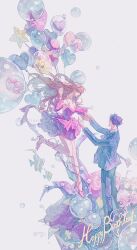  1boy 1girl breasts brown_hair chaoxibumian couple detached_sleeves dress full_body happy hetero highres jacket long_hair love_and_deepspace medium_breasts outstretched_arms pink_dress pink_shoes protagonist_(love_and_deepspace) purple_hair rafayel_(love_and_deepspace) shoes short_hair smile suit suit_jacket too_many_balloons 