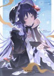  1boy a_maya_xxx alternate_costume alternate_hair_length alternate_hairstyle apron black_bonnet black_bow black_bowtie black_bridal_gauntlets black_dress black_hat black_sleeves blue_background blunt_ends blurry bonnet border bow bowtie bridal_gauntlets chinese_knot crossdressing crossdressing_(mtf) depth_of_field dress eyelashes eyeliner eyeshadow frilled_bonnet frilled_sleeves frills genshin_impact gold_ring hair_intakes hands_up hat highres holding layered_sleeves long_hair long_sidelocks long_sleeves looking_at_viewer makeup male_focus middle_ring parted_lips purple_hair purple_hat red_eyeliner red_eyeshadow scaramouche_(genshin_impact) sidelocks solo tsurime two-sided_fabric two-sided_headwear violet_eyes watermark white_apron white_border white_mouth white_sleeves wispy_bangs 