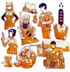  3girls 5boys alphonse_elric armor berserk black_hair bob_cut breastplate breasts cardcaptor_sakura casca_(berserk) character_request cowboy_bebop creature cropped_vest crossed_arms davilorium dragonslayer_(sword) earrings extra_eyes faye_valentine frog full_armor fullmetal_alchemist furrowed_brow glasses greatsword gun guts_(berserk) hairband half_updo hand_in_pocket handgun hands_on_own_hips headgear holding holding_gun holding_weapon hoop_earrings jewelry kero_(cardcaptor_sakura) mecha_pilot_suit mechanical_arms medium_breasts midriff mini_wings multiple_boys multiple_girls neon_genesis_evangelion one_eye_closed onodera_punpun oyasumi_punpun plate_armor plugsuit_(evangelion) plume round_eyewear short_hair shoulder_armor single_mechanical_arm souryuu_asuka_langley spiky_hair sword trigun vash_the_stampede vest weapon white_background wings yo-yo 