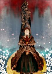  1boy 1girl black_coat black_gloves black_pantyhose bloodborne bonnet brown_bonnet brown_cape cape closed_eyes coat flower fringe_trim full_body gloves grey_background grey_hair hunter_(bloodborne) long_hair looking_at_viewer looking_back pantyhose plain_doll short_hair sitting standing translation_request umeyama_(toma23) white_flower white_hair 