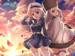  2girls aiguillette anchor belt beret black_hat blush breasts cape changchun_(zhan_jian_shao_nyu) closed_mouth clouds cloudy_sky copyright_name dress dutch_angle eyebrows_visible_through_hair fur_trim hasu_(velicia) hat lens_flare long_hair long_sleeves looking_at_viewer looking_back multiple_girls ocean official_art open_mouth outdoors petals pleated_dress red_eyes reshitelny_(zhan_jian_shao_nyu) russian_clothes sailor_collar sailor_dress salute sky smile standing text thigh-highs water watermark white_cape white_hair white_hat white_legwear zhan_jian_shao_nyu 