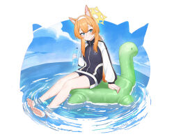  1girl absurdres animal_ear_fluff animal_ears artist_name barefoot black_jacket black_shorts blue_archive blue_eyes blush bottle cat_ears cat_girl chinese_commentary closed_mouth commentary_request dated day double-parted_bangs feet full_body gym_uniform hair_between_eyes hair_ribbon hairband halo hand_up highres holding holding_bottle inflatable_toy jacket long_hair looking_at_viewer low_ponytail mari_(blue_archive) mari_(track)_(blue_archive) ocean official_alternate_costume official_alternate_hairstyle orange_hair outdoors ponytail ribbon ripples shangdi_de_fa_zhang shorts sidelocks sitting smile soaking_feet solo straight_hair toes track_jacket trinity_general_school_logo very_long_hair water_bottle wet white_hairband white_ribbon yellow_halo 