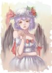  1girl absurdres bare_shoulders blood blood_on_face bow cupping_hand dress flower hat hat_flower hat_ribbon highres jewelry lips looking_at_viewer mob_cap nana_(13054942) parted_lips purple_hair red_bow red_eyes red_ribbon remilia_scarlet ribbon short_hair solo touhou white_dress wings 