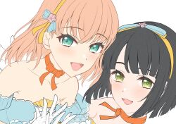  2girls :d alt_text bare_shoulders black_hair blue_dress blue_ribbon blunt_bangs blunt_ends blush bob_cut bow bow_choker bow_hairband celebration!_(love_live!) cerise_bouquet choker citrusmikan collarbone commentary_request crossed_bangs dress gloves green_eyes hair_ribbon hairband highres hinoshita_kaho link!_like!_love_live! looking_at_viewer love_live! medium_hair momose_ginko multiple_girls official_alternate_costume open_mouth orange_choker orange_hair orange_ribbon ribbon ribbon_choker short_hair simple_background smile strapless strapless_dress teeth two_side_up unfinished upper_teeth_only virtual_youtuber white_background white_gloves yellow_hairband 