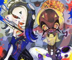  2girls absurdres bandaged_chest black_pantyhose blonde_hair blue_hair blue_shirt colored_extremities dark-skinned_female dark_skin eyerealm feet forehead frye_(splatoon) gradient_hair hair_over_one_eye highres indian_style inkling kneeling long_pointy_ears looking_at_another looking_at_viewer multicolored_hair multiple_girls octoling off_shoulder pantyhose pointy_ears red_eyes shirt shiver_(splatoon) short_eyebrows sitting splatoon_(series) splatoon_3 star-shaped_pupils star_(symbol) symbol-shaped_pupils tentacle_hair yellow_eyes 