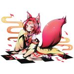  1girl animal_ears bow bowtie checkered collarbone divine_gate facial_tattoo fox_ears fox_tail full_body hatsuse_izuna japanese_clothes no_game_no_life official_art orange_eyes red_bow redhead short_hair sitting solo tail tattoo transparent_background ucmm 