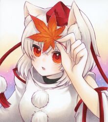  1girl animal_ears autumn_leaves commentary_request detached_sleeves grey_hair hat highres holding holding_leaf inubashiri_momiji leaf marker_(medium) open_mouth pom_pom_(clothes) red_eyes red_hat solo tokin_hat touhou traditional_media wolf_ears wolf_girl yuuki_hana_(jtnp5334) 