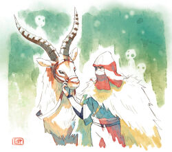  1boy antelope ashitaka belt black_belt blue_shirt border cape commentary covered_mouth cowboy_shot english_commentary fading_border fur_cape highres kodama looking_at_animal mononoke_hime pants petting red_hood red_pants reins shirt skelinor standing three-quarter_sleeves yakul 