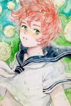  1boy bubble floating food freckles fruit green_eyes haruki_(charmant_amour) highres looking_to_the_side male_focus melon midriff_peek orange_hair original redhead sailor_collar sailor_shirt shirt signature solo t-shirt traditional_media upper_body watercolor_(medium) 