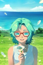  1boy 74000000star :d beach cove_holden day falling_feathers feathers flower green_eyes green_hair grin highres hill holding holding_flower horizon looking_at_viewer male_focus our_life our_life:_beginnings_and_always outdoors poppy_(flower) red-framed_eyewear short_hair smile solo tank_top white_tank_top 