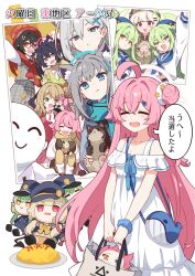  1boy 6+girls @_@ alternate_costume animal animal_ear_fluff animal_ears aoba_(blue_archive) aoba_(mom's_touch)_(blue_archive) ayane_(blue_archive) bag bare_shoulders blonde_hair blue_archive blue_eyes blue_hat blue_sailor_collar blue_sweater_vest brown_hair brown_shirt buttons cat closed_eyes coat commentary_request doodle_sensei_(blue_archive) dress fang food glasses green_eyes green_hair grey_hair hair_bun hair_ornament hairclip hat highres hikari_(blue_archive) holding holding_animal holding_bag holding_cat hoshino_(blue_archive) ideolo long_hair long_sleeves mittens multiple_girls nonomi_(blue_archive) nozomi_(blue_archive) one_eye_closed open_mouth pink_hair plaid_clothes red-framed_eyewear red_eyes red_hat ribbon sailor_collar sensei_(blue_archive) serika_(blue_archive) shiroko_(blue_archive) shiroko_terror_(blue_archive) shirt shoulder_bag siblings smile stuffed_toy sweatdrop sweater sweater_vest translation_request twins twintails v very_long_hair white_coat white_dress white_ribbon white_shirt wolf_ears wolf_girl yellow_eyes 