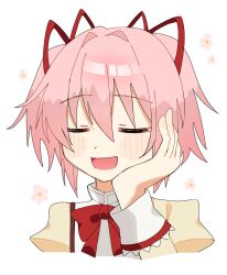  1girl blush bow bowtie closed_eyes flower hand_on_own_cheek hand_on_own_face highres kaname_madoka mahou_shoujo_madoka_magica mahou_shoujo_madoka_magica_(anime) mitakihara_school_uniform open_mouth pink_flower pink_hair rate11717991 red_bow red_bowtie school_uniform short_hair solo upper_body 