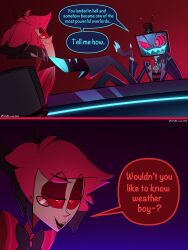  2boys :d alastor_(hazbin_hotel) animal_ears antlers black_bow black_bowtie black_hat black_shoes black_skin bow bowtie colored_sclera colored_skin commentary deer_antlers deer_ears desk english_text grin hat hazbin_hotel hellaverse highres horns jacket male_focus meme monocle multicolored_hair multiple_boys red_background red_eyes red_hair red_jacket red_sclera sharp_teeth shirt shoes short_hair smallz_was_here smile speech_bubble striped_clothes striped_shirt suit teeth top_hat two-tone_hair vox_(hazbin_hotel) wouldn't_you_like_to_know_weather_boy_(meme) 