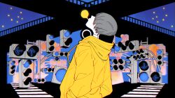  1boy blowing_bubble_gum bowl_cut bridge chewing_gum chromatic_aberration commentary_request crosswalk from_side grey_hair hair_over_eyes hands_in_pockets headphones headphones_around_neck highres hood hoodie looking_up male_focus original solo soyaka traffic_light upper_body yellow_hoodie 
