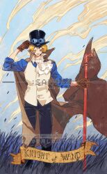  1boy ascot black_boots blonde_hair blue_shirt boots brown_gloves closed_mouth commentary gloves goggles goggles_on_headwear highres holding looking_to_the_side male_focus one_piece planted sabo_(one_piece) sample_watermark scar scar_on_face shirt short_hair siyangou49 solo vest watermark white_ascot white_vest wind 