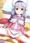  1girl absurdres bed blue_eyes capelet dragon_girl dragon_horns dragon_tail hair_bobbles hair_ornament hairband highres horns kanna_kamui kobayashi-san_chi_no_maidragon lavender_hair long_hair looking_at_viewer low_twintails open_mouth sitting slit_pupils solo spread_legs tail thigh-highs twintails white_legwear yuusa zettai_ryouiki 