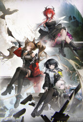  1girl :/ :d absurdly_long_hair absurdres angelina_(arknights) animal_ear_fluff animal_ears arknights arknights:_endfield bansibuhuo_yu_pian bare_shoulders black_boots black_coat black_dress black_gloves black_hair black_horns black_jacket black_pantyhose black_shoes black_thighhighs blunt_bangs boots breasts brown_eyes brown_hair closed_mouth clothes_down coat collared_sweater commentary commentary_request copyright_name cropped_torso demon_horns double_v dress endministrator_(arknights) female_endministrator_(arknights) fold-over_boots food foot_out_of_frame fox_ears fox_girl full_body gilberta_(arknights) gloves grey_dress grey_eyes grey_sweater hair_between_eyes hair_intakes hair_ornament hand_up hands_in_own_hair hands_up headgear high_collar highres holding holding_food holding_popsicle horns impossible_clothes impossible_dress incredibly_absurdres jacket laevatein_(arknights) light_blush long_hair long_sidelocks long_sleeves looking_at_viewer medium_breasts medium_hair multiple_views no_mask open_clothes open_coat open_jacket orange_eyes pantyhose pocket popsicle red_coat red_hair shoes short_dress short_hair sidelocks simple_background small_breasts smile solo standing surtr_(arknights) sweater thigh-highs twintails twitter_username v very_long_hair white_background 