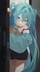  1girl absurdres aqua_eyes aqua_hair bag_of_chips black_camisole black_shorts blue_hair camisole chips_(food) door doorway eating food food_in_mouth hand_on_door hatsune_miku highres holding inubangarou long_hair looking_at_viewer open_door opening_door potato_chips shorts solo twintails very_long_hair vocaloid 