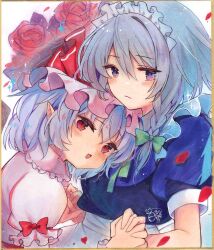  2girls blue_hair flower gold_border grey_hair hat highres holding_hands hoshi_tea_party interlocked_fingers izayoi_sakuya maid maid_headdress medium_hair mob_cap multiple_girls pink_hat pink_shirt pointy_ears red_eyes red_flower red_petals red_rose remilia_scarlet rose shikishi shirt short_hair signature touhou traditional_media upper_body 