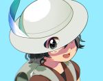  1girl :d aqua_background backpack bag black_eyes black_hair blurry bucket_hat chromatic_aberration commentary_request depth_of_field eyelashes hair_between_eyes hat hat_feather kaban kemono_friends looking_at_viewer minamijima_command open_mouth portrait red_shirt sanpaku shirt short_hair short_sleeves simple_background smile solo tareme white_hat 