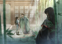  3boys architecture arm_behind_back bamboo bamboo_forest black_boots black_hair black_hanfu blurry blurry_foreground boots chinese_clothes curtained_hair day east_asian_architecture facing_away forest from_behind green_robe half_updo hand_on_another's_cheek hand_on_another's_face hanfu holding holding_sword holding_weapon layered_sleeves light_rays long_hair long_sleeves looking_at_another luo_binghe male_focus mina_(o414) multiple_boys nature outdoors parted_bangs pillar ponytail renzha_fanpai_zijiu_xitong robe rock scene_reference sheath sheathed shen_qingqiu sidelocks stairs standing stone_stairs stone_walkway sword very_long_hair wavy_hair weapon white_hanfu wide_sleeves 
