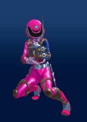  1girl assault_rifle blue_background bodysuit dekapink full_body gun headset helmet highres holding holding_gun holding_weapon kabashima_yousuke pink_bodysuit pink_helmet rifle simple_background solo super_sentai tokusatsu tokusou_sentai_dekaranger weapon 