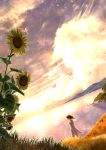  1girl clouds cloudy_sky dragonfly dress flower grass highres insect kun52 lens_flare original scenery short_hair sky solo sparkle sunflower water 