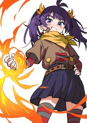  1girl absurdres antenna_hair bandage_on_face bandages belted_skirt blue_eyes brown_shirt commission earrings ecgg_(tsuji418477) fire flat_chest from_below hand_on_own_hip highres jewelry light_blush looking_at_viewer looking_down original pixiv_commission purple_hair scarf shirt simple_background skirt smile solo thigh-highs thighs twintails white_background yellow_scarf 