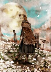  1girl black_dress blonde_hair bloodborne bonnet boots brown_bonnet brown_boots brown_cape cape closed_eyes closed_mouth commentary_request dress field flower flower_field fringe_trim full_moon long_hair moon plain_doll red_flower red_rose rose ruins smile solo umeyama_(toma23) walking white_flower 